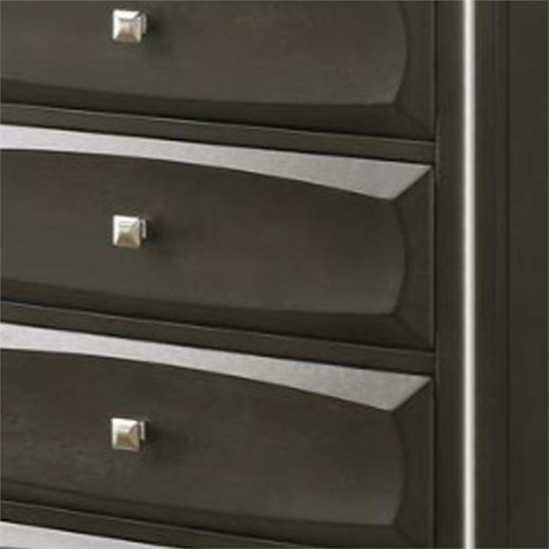 Five Drawer Chest With Brushed Nickel Accent And Chamfered Legs  Antique Gray
