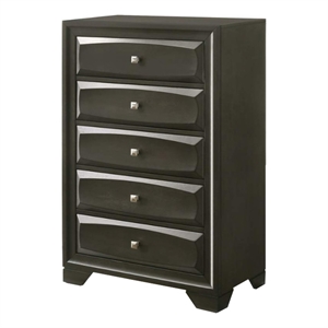 five drawer chest with brushed nickel accent and chamfered legs  antique gray