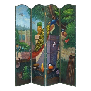 leatherette wooden 4 panel room divider with peacock motif  multicolor