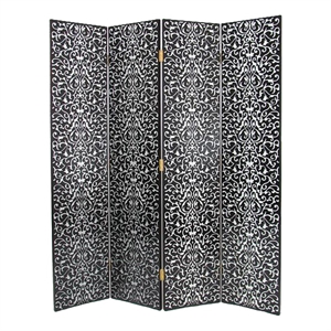 wooden 4 panel room divider with scrolling motifs  black and silver