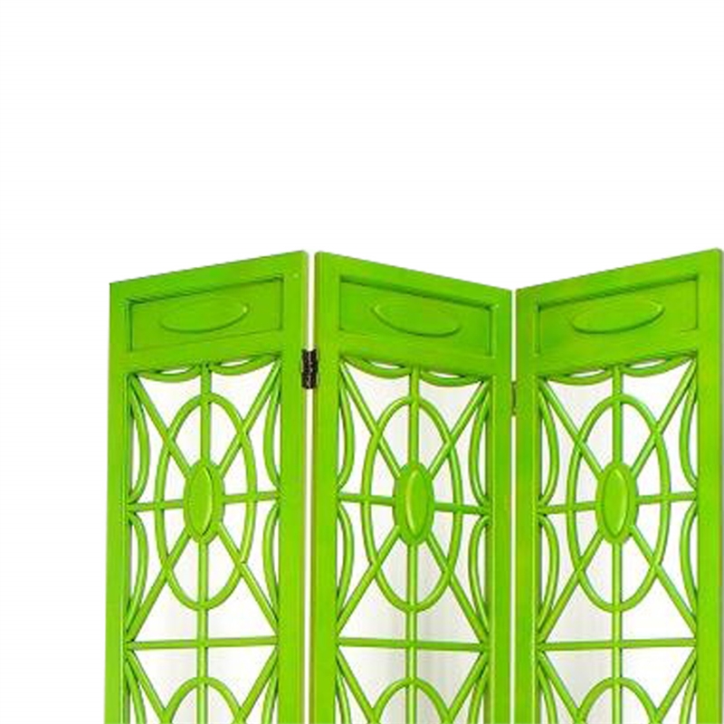 Wooden 3 Panel Room Divider with Open Geometric Design  Green