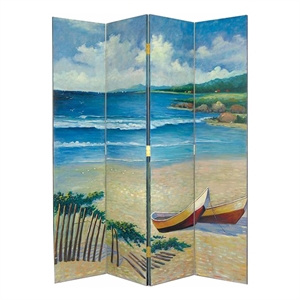 wooden 4 panel room divider with coastal print  multicolor
