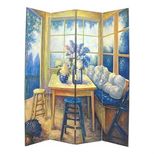 wooden 4 panel room divider with den interior scene  multicolor