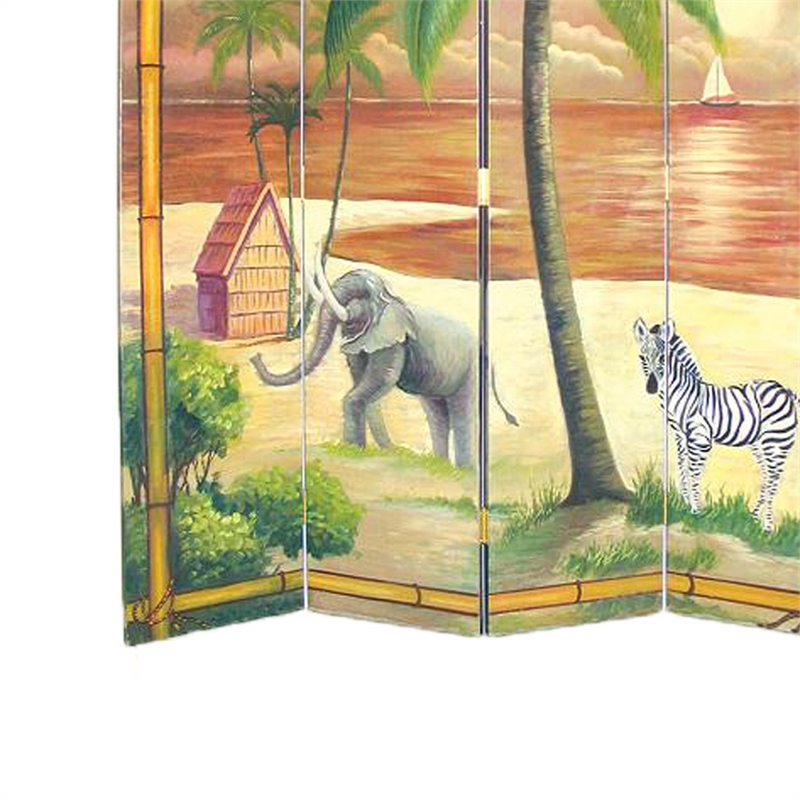 Wooden 4 Panel Room Divider with Ocean and Beach Scene  Multicolor