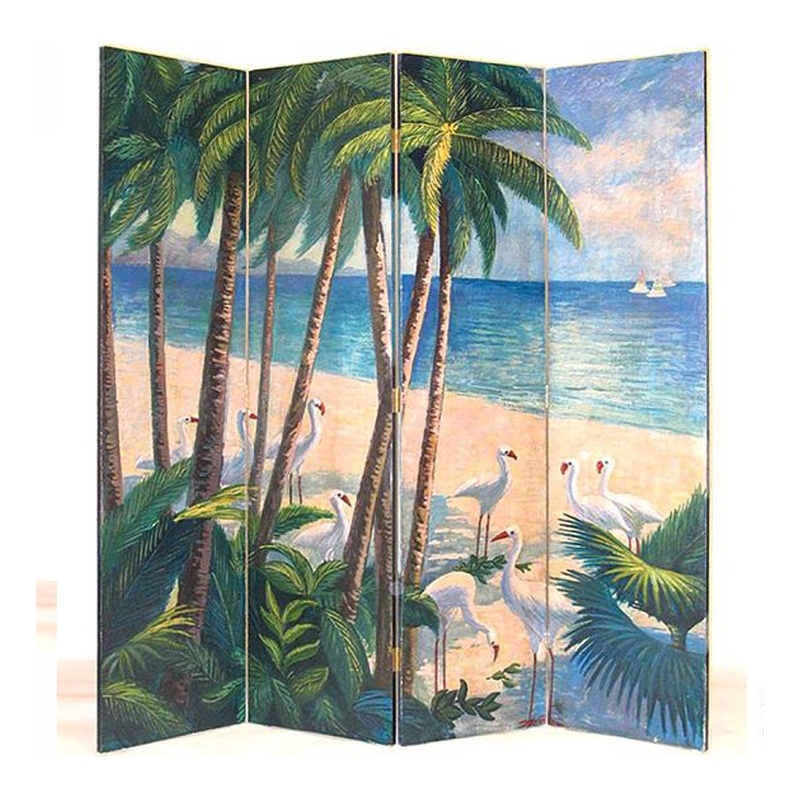 Wooden 4 Panel Room Divider with Beach Print  Multicolor