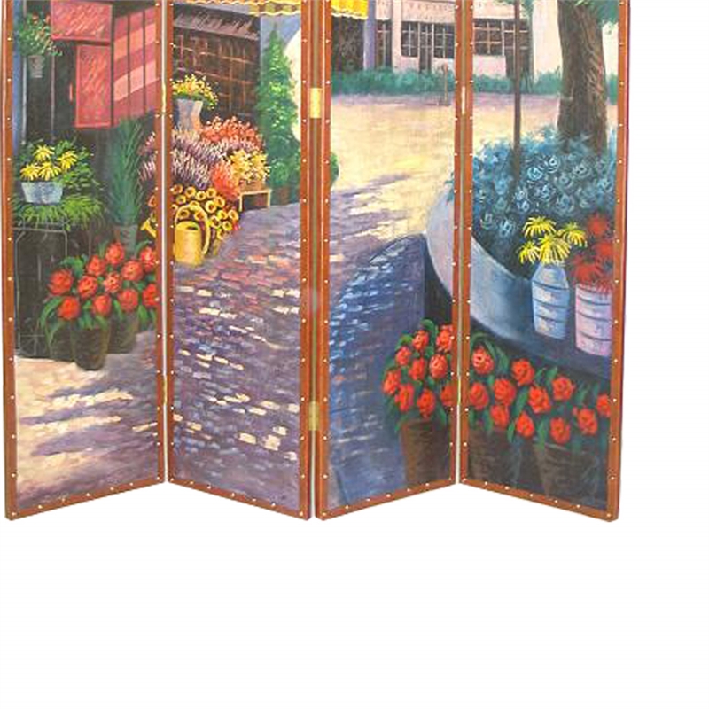 Leatherette Wooden 4 Panel Room Divider with Flower Market Theme Multicolor