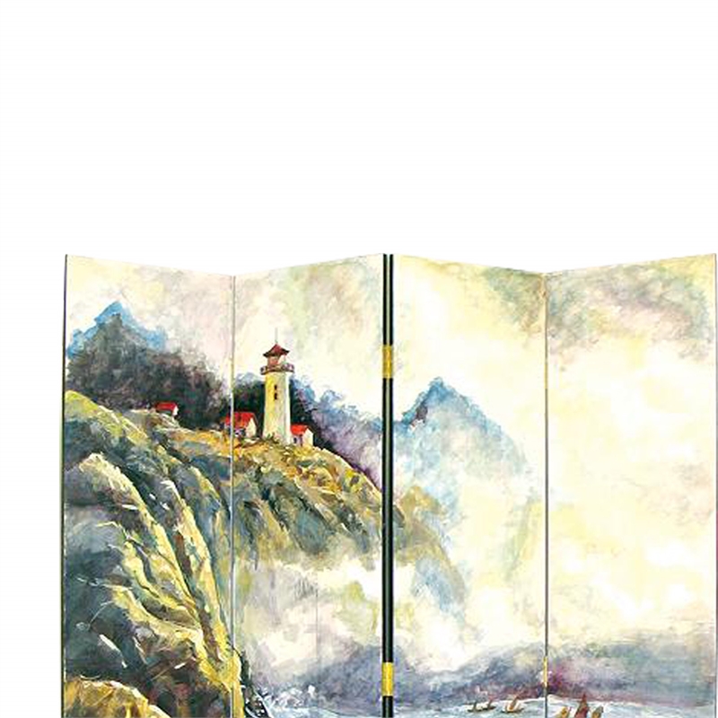 Wooden 4 Panel Room Divider with Landscape Scene  Multicolor