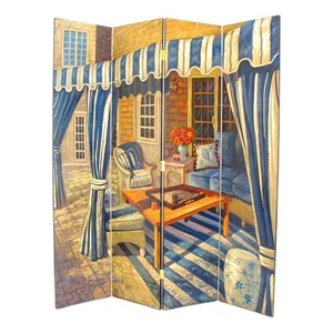 wooden 4 panel room divider with outdoor patio scene  multicolor