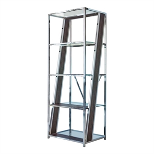 4 tier metal bookcase with glass and wooden shelf  black and chrome