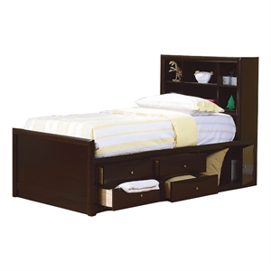 wooden full size bed with bookcase headboard and storage unit  brown