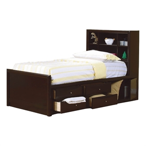 wooden twin size bed with bookcase headboard and storage unit  brown