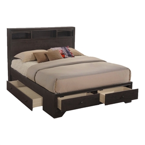 eastern king bed with bookcase headboard and 4 drawers  dark brown