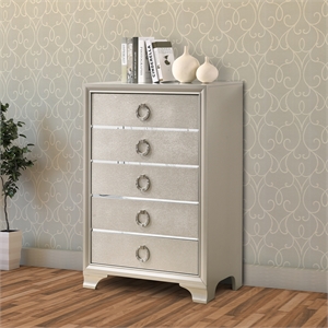 five drawers wooden dresser with oversized ring handles  silver