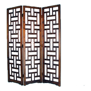 wooden 3 panel room divider with cut out rectangle pattern  brown