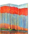 Wooden 4 Panel Room Divider with Forest Theme  Multicolor