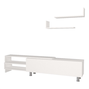 72 inch wood tv console center storage 3 piece set 2 floating wall shelves white