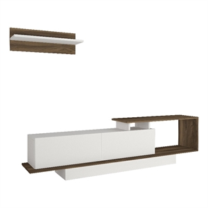 wooden tv console center with floating wall shelf 2 piece set white