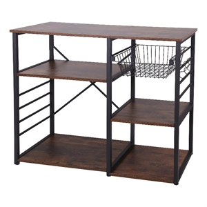 wood and metal bakers rack with 4 shelves and wire basket brown and black