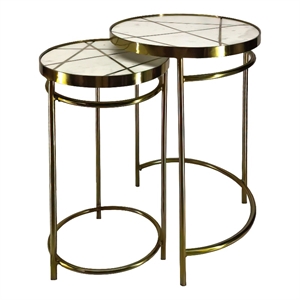 22 20 inch round 2  marble top nesting end table set with metal brass- white