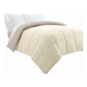 Beth Reversible Microfiber Queen Comforter Squared Stitching Ivory Beige