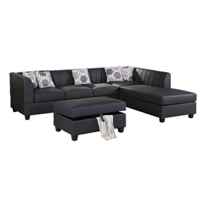 eli 3 piece sectional sofa set vegan faux leather channel stitched black