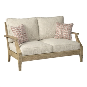 traditional wooden loveseat with fabric cushioned seating beige and brown