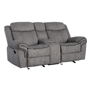fabric upholstered metal reclining loveseat with center console gray