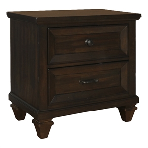 wooden nightstand with tapered block legs and natural grain texture brown