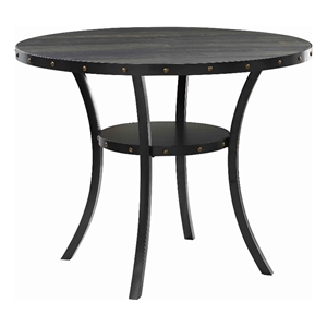 wooden round counter table with open shelf and nailhead studs black
