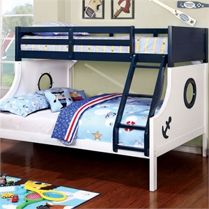 twin over full size wooden bunk bed with attached ladder blue and white