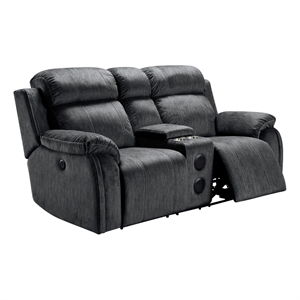 fabric upholstered reclining console loveseat with inbuilt speakers gray