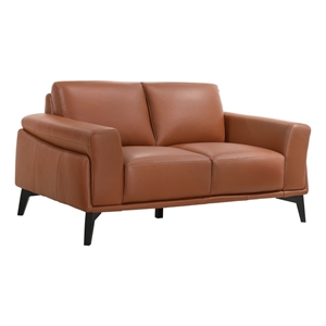 leather upholstered loveseat with track arms and contrast stitchingpink