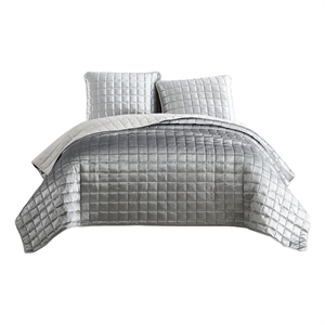 3 piece queen size coverlet set with stitched square pattern silver