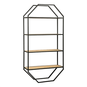 4 tier wooden wall shelf with octagonal open metal frame black