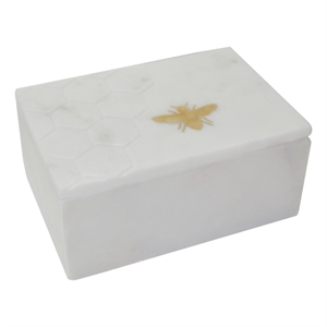 rectangular marble box with bee accent and hexagonal patten white