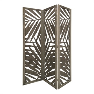 3 panel wooden screen with laser cut tropical leaf design gray