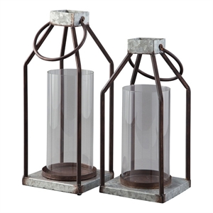 geometric lantern with glass hurricane set of 2 black and gray