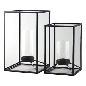 metal frame lantern with cylindrical glass hurricane set of 2 black