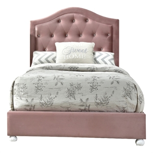 full bed with button tufted arched headboard pink