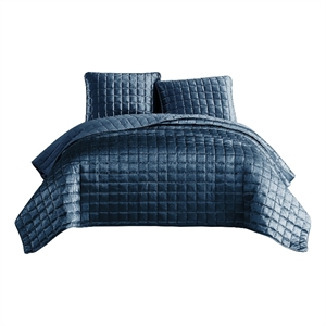 3 piece queen coverlet set with stitched square pattern blue