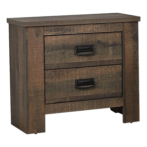 wooden nightstand with 2 drawers and saw hewn texture brown
