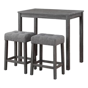 benzara cora 3-piece wood counter height table set with tufted stools in gray