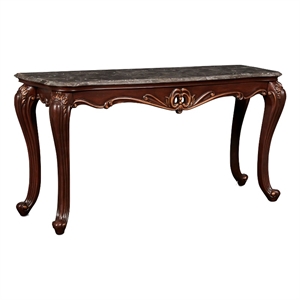 wooden console table with marble top and carved details gray and brown
