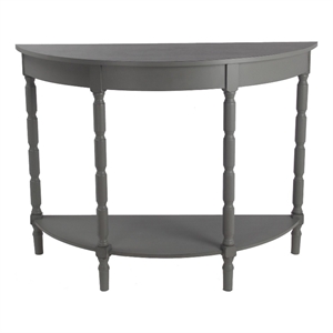 half moon wooden console table with open shelf and turned legs light gray