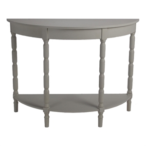 half moon console table with open shelf and turned legs light gray