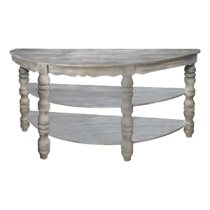 half moon shaped wooden silver console table with 2 shelves and turned legs gray