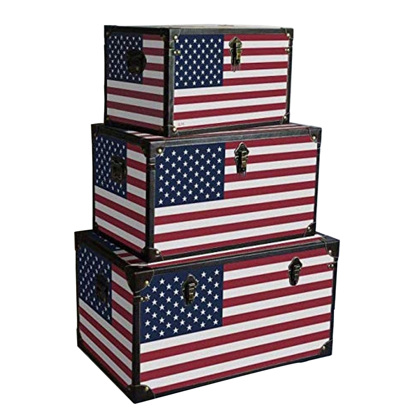 Benzara Solid Wood Fabric Trunk with US Flag Print in Multi