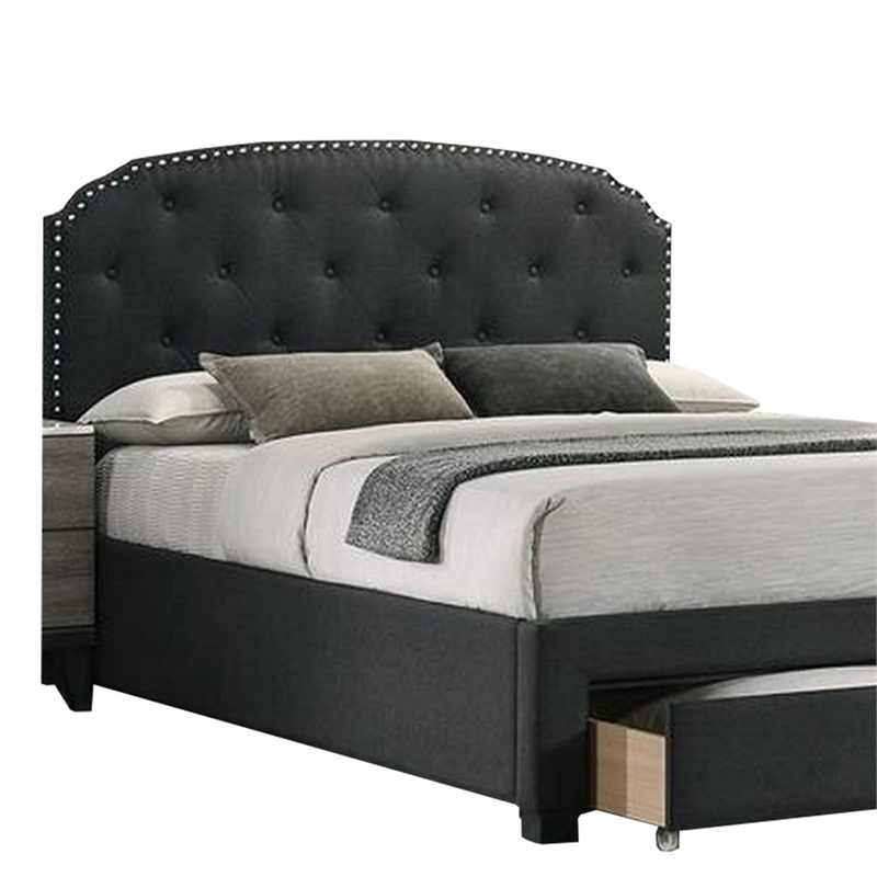 Nue Queen Upholstered Bed with Curved Tufted Headboard, Nailhead Trim, Gray  - Yahoo Shopping