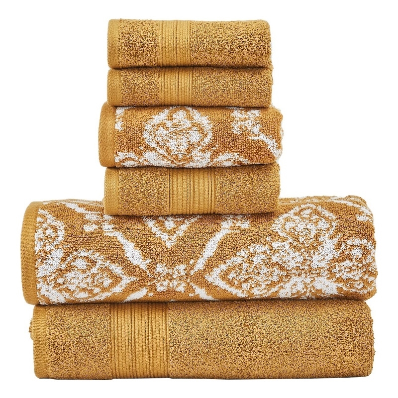 6pc Curv Jacquard Wavy Cotton Bath Towels Set Yellow