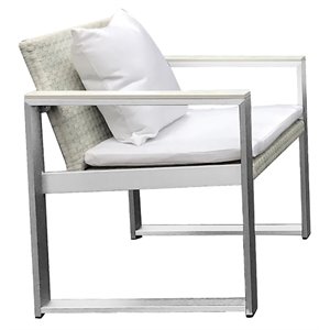 benjara anodized aluminum & rattan upholstered cushioned chair in white